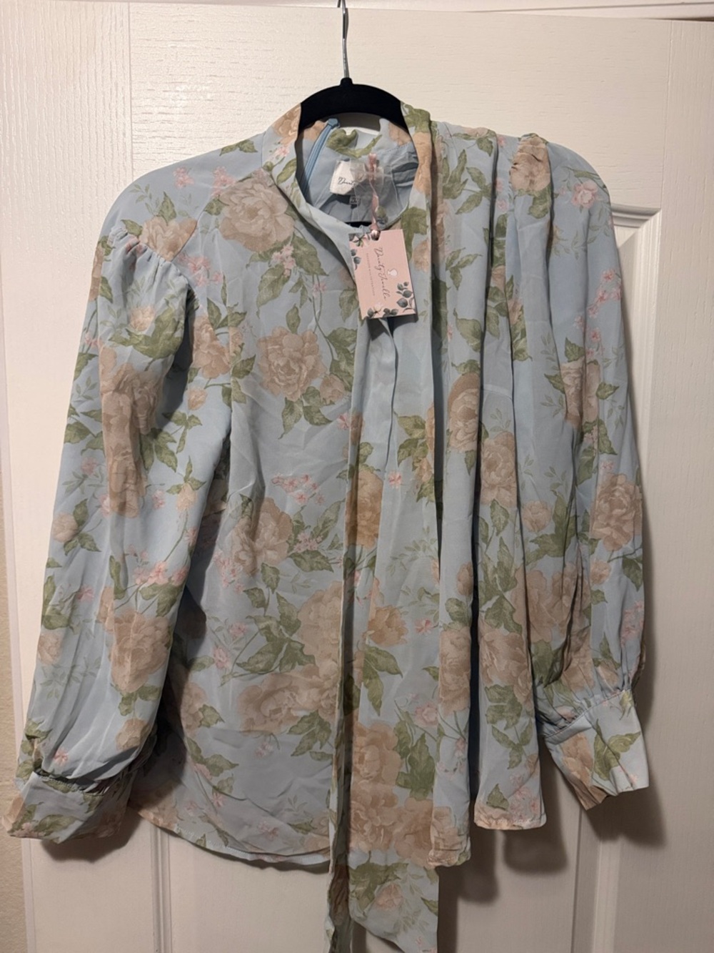 Dainty Jewells Light Blue Floral Tie-Neck Blouse